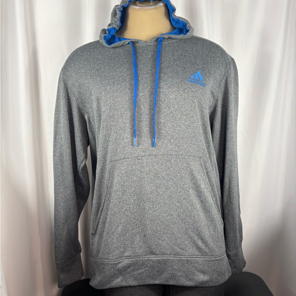 adidas Men’s Gray Pullover Hoodie with Blue Trim